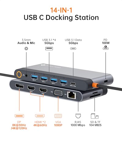 USB C Docking Station Quad Display, 14-in-1 Laptop Docking Station Dual Monitor, 8K@30Hz DP, Dual 4K@60Hz HDMI, VGA, 5 USB Data Ports, 100W PD, Ethernet, SD/TF, Mic/Audio, USB C HUB, Thunderbolt Dock - style: 14-in-1