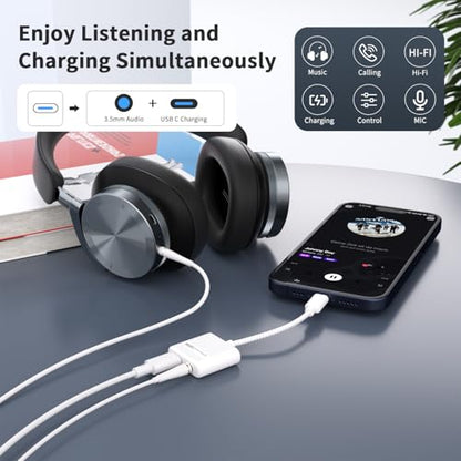 USB C to 3.5mm Audio Adapter and Charger 2 in 1 USB C to Aux Headphone Dongle with 60W PD Fast Charging Compatible with iPhone 16/16 Pro/15/15 Pro Max, Galaxy S24/S23/S22/S23FE, Pixel 8/7, iPad Pro