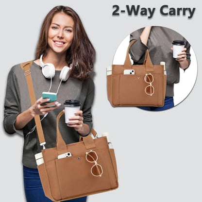 Fammart Large Canvas Tote Bag for Women with Zipper & Compartments, Crossbody Laptop Bags for Work College Travel - color: Brown