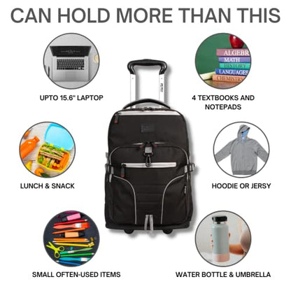 J World Lunar Rolling Backpack. Laptop Bag With Wheels. Wheeled Carry-On Travel Luggage, Black, 19.5 x 13 x 8 Inches - color: Black