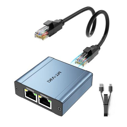 MT-VIKI Ethernet Splitter 1 to 2 High Speed 1000Mbps, Gigabit Dual RJ45 Splitter Adapter for Cat5/5e/6/7/8 Cable [Aluminum Case with Power Cable] - size: 1 to 2
