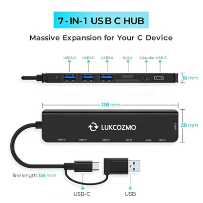 USB-C 7-in-1 Hub: 4 USB 3.0, USB-C, SD/TF, Audio, for MacBook, iPad, Dell, HP, Phones - color: Black