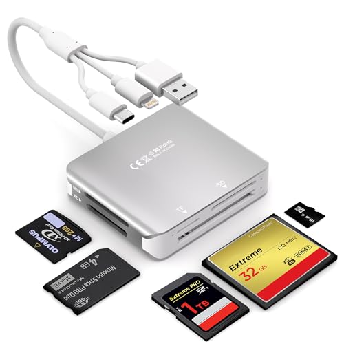 iPhone SD Card Reader, 5 in 1 SD/MS/TF/CF/XD Card Reader with Lightning+USB A+USB C, Memory Stick Pro Card Reader, Support OTG, Fast Data Transfer, Digital Camera Adapter for i-Phone/Android/PC - color: Slivery