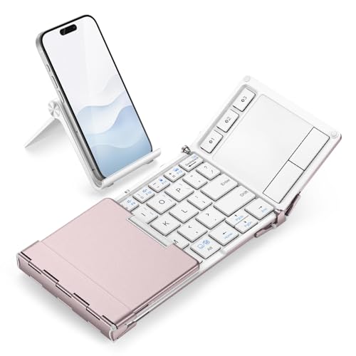 iClever BK08 Foldable Keyboard with Touchpad for Phone and Tablet, Pink | Multi-Touch Trackpad, Pocket-Sized, Aluminum Build, 3-Device Bluetooth Switching, USB-C Charging, for Travel and Remote Work - color: Pink White