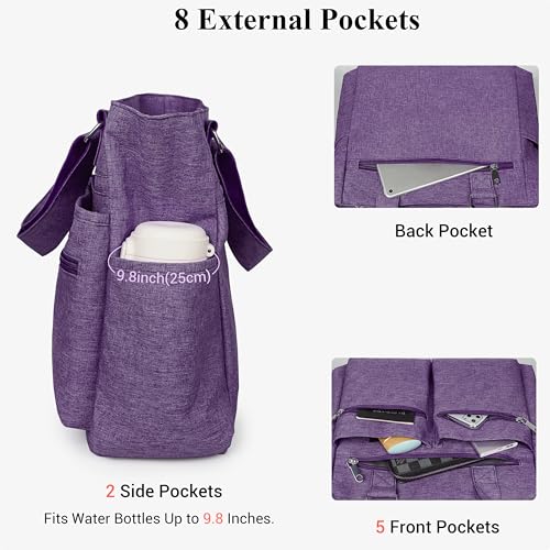 VOLGANIK ROCK Canvas Tote Bag Waterproof Nylon Multi Pocket Shoulder Bags Laptop Work Bag Teacher Purse Handbag for Women Men - color: Purple 2