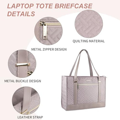 EMPSIGN Laptop Tote Bag for Women 16 Inch, Stylish Computer Shoulder Tote Bag for Work, Large Capacity Quilted Laptop Briefcase, Waterproof Women Business Office Bag, Quilted Grey Pink - color: Quilted Grey Pink