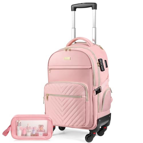 star cloud Rolling Backpack for Women, 21"x14"x9",45L Travel Backpack with Wheels and USB & Type-C Charging Ports, Fits 17.3", Water-Resistant Carry-On Luggage for Work & Travel (Pink) - color: Pink