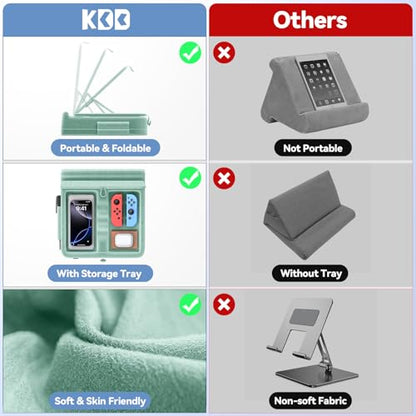 KDD Tablet Pillow Stand with Storage, Foldable iPad Holder for Bed, Lap and Desk, Angle Adjustable Soft Pad Dock with Stylus Mount Compatible with iPad Pro 12.9, 11, Air, Mini, Phones, Books (Green) - color: Green