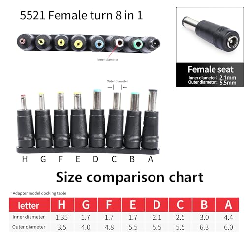 DC Power Adapter DC5521 Laptop Plug 5.5mmx 2.1mm Female to Male | 8-in-1 Universal Connector Adapter with DC 5.5mm x2.1mm Black Tuning Fork Cable 8.66 in/22cm