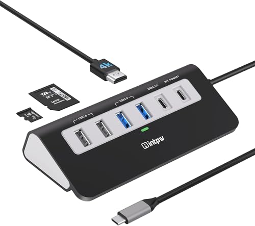 P9 USB C Hub, INTPW 9-in-1 USB Multiport Adapter with 4K HDMI, PD 100W, USB-C and 2 USB A 3.0 5Gbps, 2 USB A 2.0, SD/TF Card Reader, Aluminum Powered USB Hub for PC, iPhone 16/15 Series, MacBook, iPad - color: Black, size: 1.64ft