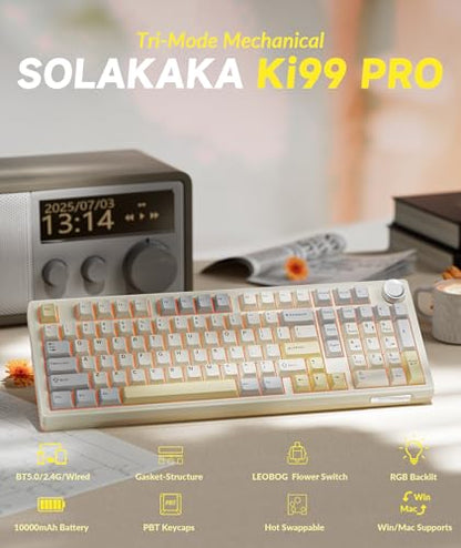 SOLAKAKA KI99 Pro 96% Wireless Gaming Keyboard, RGB Creamy Keyboardw with Knob, Hot-Swappable Pre-Lubed Switches, Gasket Structure Mechanical Keyboards (Beige-White, Non-Silent Version) - color: Beige-White, size: Non-Silent Version