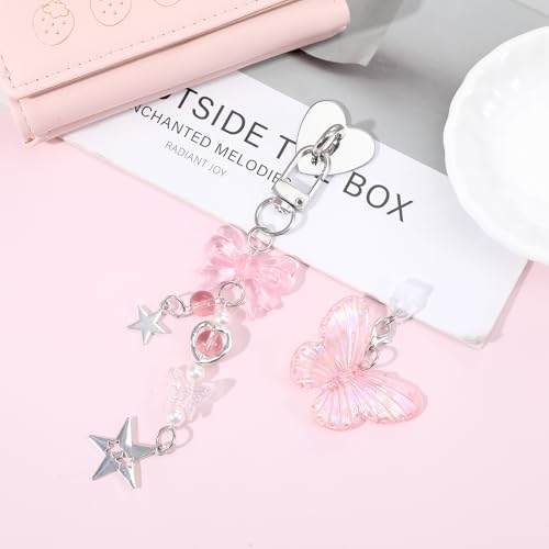 3PCS Pink Butterfly Charm Set with Dust Plug Type C/USB C Heart Grip Holder, Cute Aesthetic Y2k Hook for E-Reader Charm Chain Accessories Compatible Phone Case
