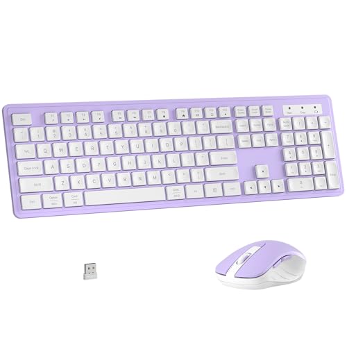 MPTOG Wireless Keyboard and Mouse Combo, Full-Size 104-Key Office Keyboard with 15 Function Keys, Numeric Keypad, Single USB Receiver, Compatible with PC and Laptop(Purple White) - color: Purple White