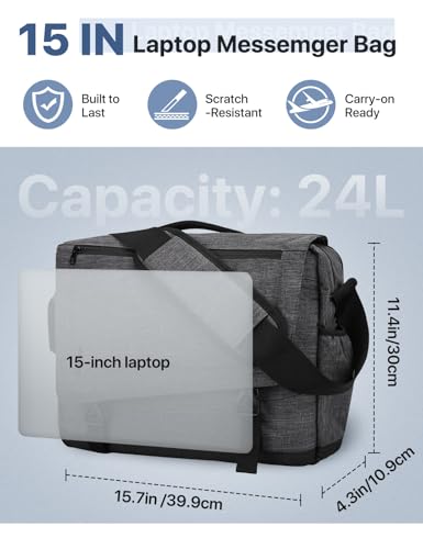 VX VONXURY Messenger Bag for Men, Fits 15.6-inch Laptop, Luggage Strap | Shoulder Satchel Bag for Work, 2 Large Compartments, Side Pockets, Water Resistant, Adjustable Buckles, Rugged Bottom - color: Dark Grey 15in Laptop Bag