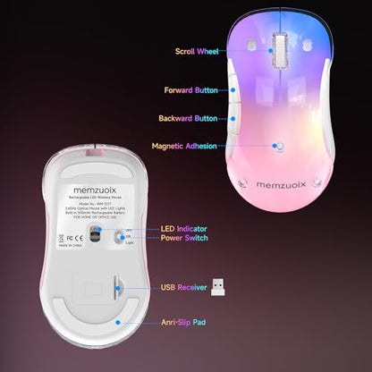 memzuoix 2.4G LED Wireless Mouse, Rechargeable Ergonomic Mouse with Detachable Cover, 1400 DPI Portable Optical Computer Mouse with USB Receiver for Laptop, PC, Desktop and MacBook, 5 Buttons-Pink - color: Pink