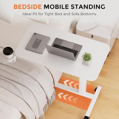 COMHOMA Adjustable Overbed Bedside Table with Lockable Wheels, Pneumatic Mobile Standing Laptop Desk, Small Portable Rolling Overbed Table Hospital Home Use(32" W x 18" D, White) - color: White, size: Large
