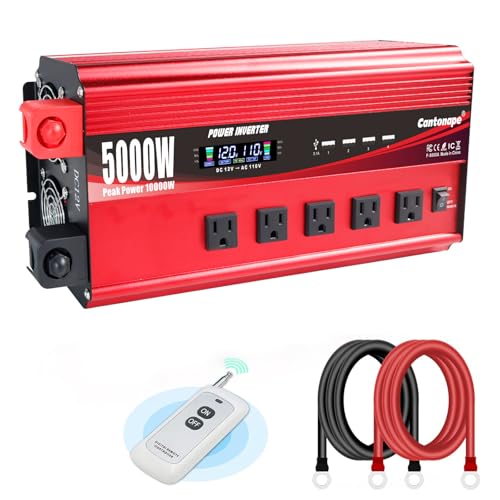 Cantonape 5000W Power Inverter 12V to 110V/120V DC to AC with LCD Display, Remote Controller 5 x AC Outlets and 4 x 3.1A USB Car Adapter for Car Truck Boat RV Solar System - size: 5000W-12V