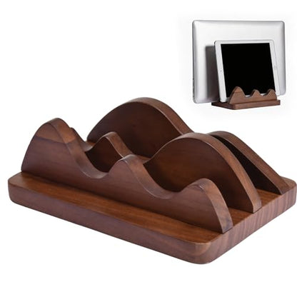Vertical Laptop Stand for Desk Wood Walnut Adjustable Width Holder Compatible with All MacBook Pro Air HP Dell Surface Organizer Fits 10-30mm Laptops Dual Slot Design