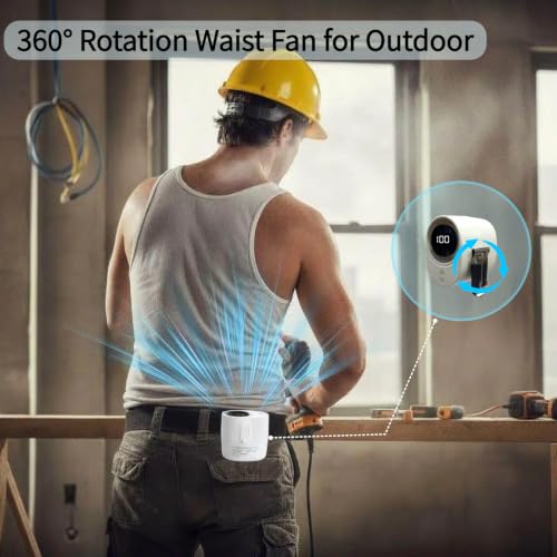 CHICWAY Portable Waist Fan Belt Fan Wearable Fan for Outdoor | Mini Fan with 6 Turbo Speeds, Ultralight, Personal Fan with LED Display Flashlight, 20H Worktime, for Jobsite Camping Travel