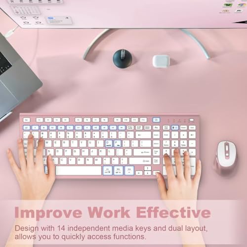 Rechargeable Wireless Keyboard and Mouse, with Number Pad Rose Pink | Quiet Silent, Slim Thin Flat Low Profile Soft Key, USB C, with Skin Cover, Ergonomic Mouse, for Mac Windows PC, Home Office - color: Pink Rose Gold