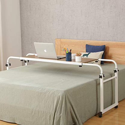 TigerDad Adjustable Overbed Table with Wheels, Mobile Laptop Desk on Wheels for King Queen Bed, Height Adjustable Rolling Computer Cart with Stand, Ancient Oak - color: Ancient Oak