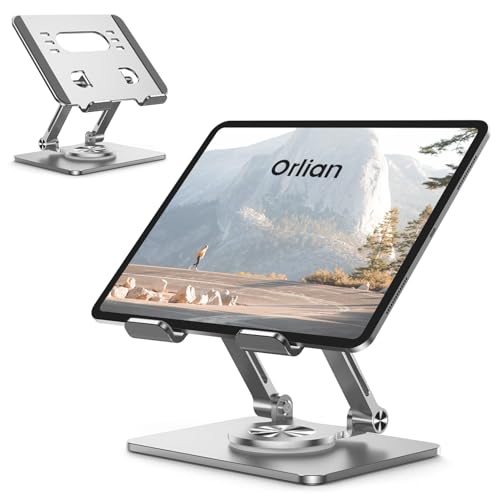 Orlian Tablet Stand Holder with Thickened 360°Rotating Base Dual Rod Adjustable Aluminum Stand for All 5.8-12.9” iPad Samsung Phone Tablet Kindle E-Reader and More, Silver - color: Silver
