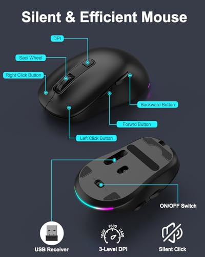 EDJO Wireless Keyboard and Mouse Combo, 10 Backlit Effects, Rechargeable 2.4GHz Silent Full-Size Light Up USB Keyboard with 6 Button RGB Mouse for Laptop, Computer, PC (Black Backlit) - color: black backlit