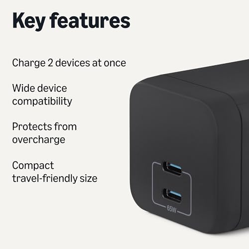 Amazon Basics 65W Fast Charging GaN USB-C Wall Charger, 2-Port for Laptops, Tablets, Phones, Charge 2 Devices at Once, Black - color: Black, style: 65 W Two Port