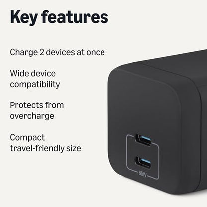 Amazon Basics 65W Fast Charging GaN USB-C Wall Charger, 2-Port for Laptops, Tablets, Phones, Charge 2 Devices at Once, Black - color: Black, style: 65 W Two Port
