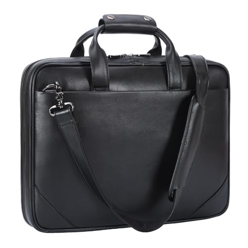 Masa Kawa Slim Leather 14" & 16 Inch Laptop Briefcase Messenger Bag For Men | Cowhide Crossbody Shoulder Computer Bag, Professional Business Work Lawyer Attache Case - color: Black, size: Small-Fits 14" Laptop