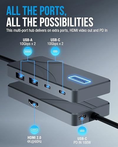 SABRENT USB C Hub 5-in-1, 10Gbps USB-A & USB-C Ports, Single 4K@60Hz HDMI, 100W PD Input, 80W Laptop Charging, Compact Aluminum Docking Station for MacBook, iPad, Laptops & Tablets (HB-TG5P) - color: Matte Black