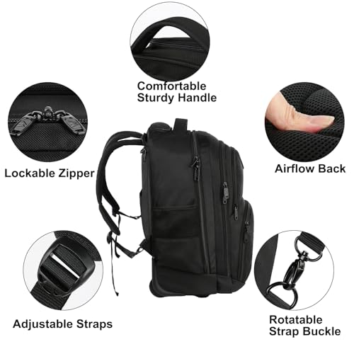MATEIN Rolling Backpack, 17 inch Water Resistant Wheeled Laptop Backpack, Carry on Luggage Business Bag, Overnight College Computer Bag Trolley Suitcase for Men Women Adults to Travel, Black | Backpack with Wheels, 17 inch Laptop Backpack, 36 L Main Compa