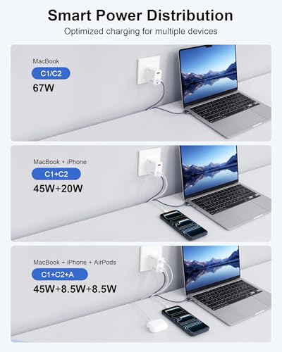 DERLULU 67W USB-C Charger for MacBook Air 13/15", GaN Fast Charging Adapter with Magnetic Cable 5ft (1.5m), 2C1A Compact for MacBook, iPad, iPhone