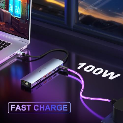 USB C Hub Ethernet Multiport Adapter, KOZYC 7-in-1 USB C Hub with HDMI 4K@60Hz, 1Gbps Ethernet, 100W PD, 2 USB 3.2 Gen2 10Gbps Data, SD/TF Card Slots Port, Compatible with MacBook Air/Pro, XPS13/15 - style: 7-IN-1 USB-C Hub 10Gbps