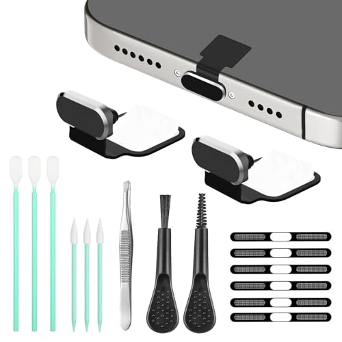 Mobile Phone Speaker Metal Dust Mesh, typeC Charging Port dust Plug, Anti-Lost USB C Cleaning Brush Cleaning Tool Set for iPhone 15 16 Series (Black) - color: Black