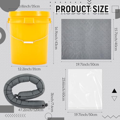DoubleFill 41 Pcs Universal Spill Kit Portable Complete 9-Gallon Spill Kit, Absorbs Oils Water and More, Yellow Bucket, 30 Absorbent Pads, 4 Pcs 3" x 4' Sorbent Socks, 5 Disposal Bags, PVC Gloves - size: 9 Gallon