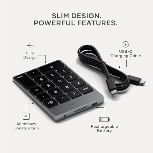 Satechi Slim Aluminum Bluetooth Keypad, Wireless Number Pad with 18 Keys, USB-C Rechargeable Numpad, External Number Pad for MacBook, iMac, iPad, PC, and Laptops, Space Gray - color: Space Gray, size: USB-C