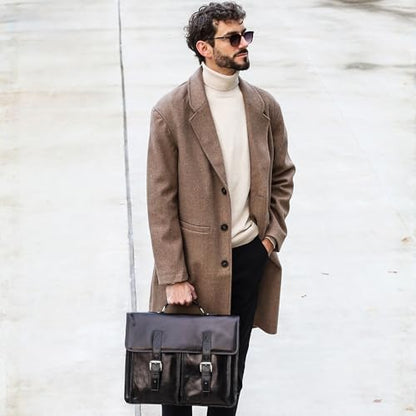 Time Resistance Leather Briefcase for Men Handcrafted in Italy Full Grain Messenger Bag for Laptop - color: Black