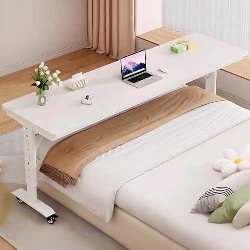 Over Bed Table with Wheels for Small Single Beds, Height Adjustable | 26.7"-40.6" Height Range, 19.7" Work Surface, Solid Wood Core, Locking Casters, Laptop & Mouse, Home Office, Study, Bedroom - color: No Baffle-a, size: 120x50x68cm/47.2"x19.7"x26.8"