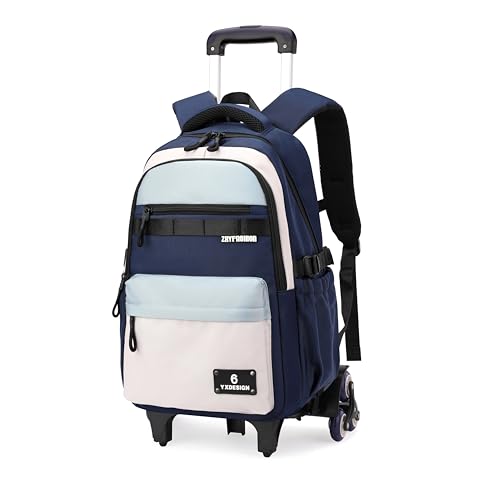 ZHANAO Rolling Backpack for Boys Color-blocking Schoolbag for Middle School Students Trolley Bookbags for Elementary Boys - color: Blue-6 Wheels