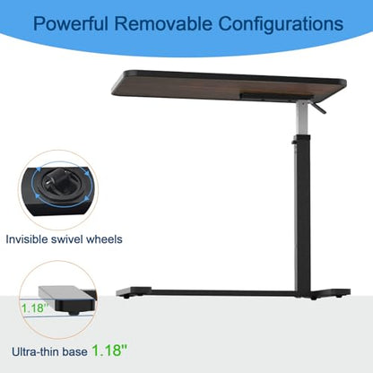 Adjustable Overbed Table with Cup Holder & Hidden Lockable Wheels | Height Adjustable Rolling Bedside Table, Walnut Finish Mobile Laptop Desk, Standing Workstation for Home Use, 30.3"W x 15.3"D - color: Walnut