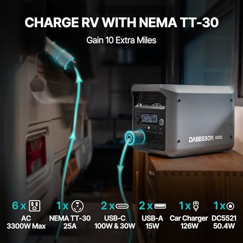 DABBSSON 3072Wh Solar Generator with 210W Solar Panel, Semi-Solid LiFePO4, 3000W AC Output 6,TT-30 1 for Charging RV,P-Boost 3600W,Lightweight,1.3X Runtime,3000L Power Station for Camping Home Backup - style: 3000L+210W Solar Panel