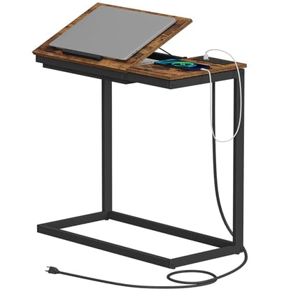 TUTOTAK Large C Shaped End Table, Side Table with Charging Station C Table | Tilting Laptop Stand with Storage, Computer Couch table for Living Room, Bedroom, Brown TB01BB090 - color: Brown, style: Plug