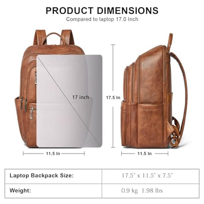 17 inch Leather Laptop Backpack for Women, Large Travel Backpack with 6 Compartments, Vegan Leather Computer backpack purse for Work Casual Daypack College - color: Brown