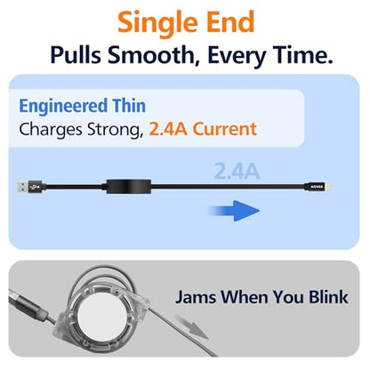 AGVEE 1ft Fixed / 3.3ft Extend Single-End Retractable Lightning Cable | Desk-Mounted, Pocket Size, 2.4A Fast Charger Cord for iPhone 14/13/12/11/XS/8/7/6/5, iPad, iPod, Cord Organizer - size: 1ft Fixed / 3.3ft Extend, style: A to Lightning