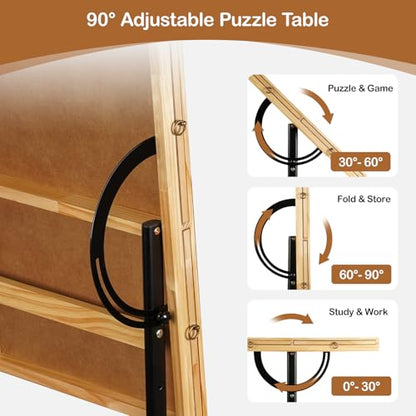 Solid Wood Jigsaw Puzzle Table with Drawers & Lockable Wheels, Tilting Puzzle Board 0-90° Adjustable, 1500 Pieces Puzzle Board with Legs, 37.4” x 27.9“ Portable Puzzle Table with Legs - color: Grey