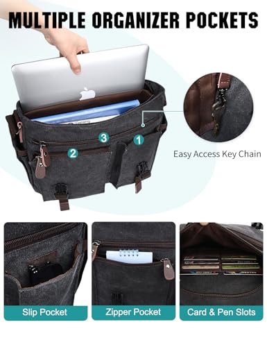Messenger Bag for Men,Water Resistant Canvas Satchel 14 15.6 17 Inch Laptop Briefcases Business Shoulder Bag by RAVUO - color: 17 Inch-black