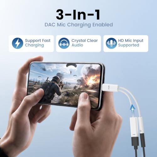 VUM 3-in-1 USB-C to 3.5mm Headphone Jack with PD 60W Charging Audio Adapter | 32-bit/384kHz Hi-Res DAC,60W PD Fast Charger, TRRS HD Mic Input, USBC to Aux HiFi Adapter Splitter, Silver-Plated OFC Cable
