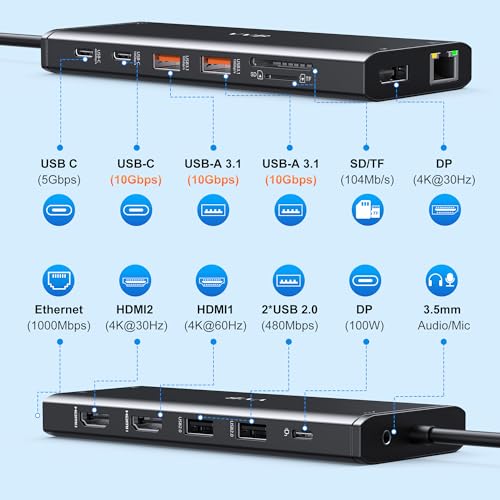 USB C Laptop Docking Station Dual Monitor 14 in 1 USB C Hub Multi Adapter | USB C Dongle Dock 14 in 1 USB C to 2 HDMI 4K+DisplayPort+Ethernet+4USB+2USB C+100W PD Charger+SD/TF for Dell/Lenovo/HP Laptop - color: Black