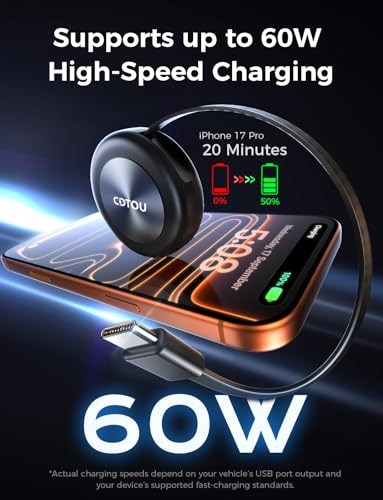 Retractable USB C Car Charging Cable for Toyota RAV4/Camry/Corolla, 360° Rotating Base, Supports USB C & USB A Ports, Compatible with iPhone 15/16/17 & Samsung Galaxy, Car Interior Accessories